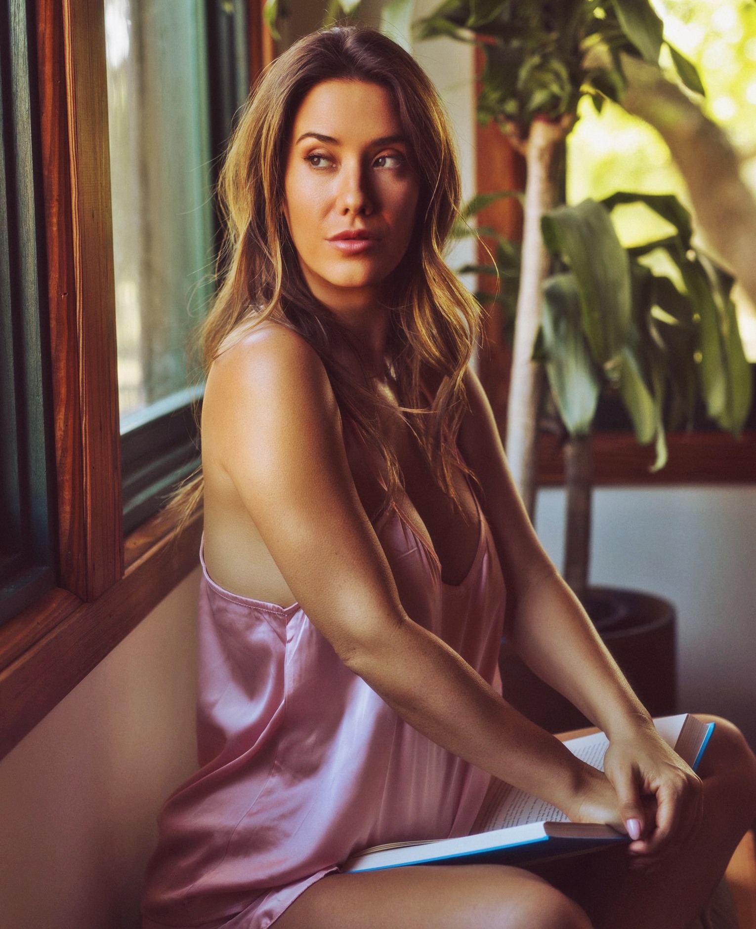 Eva Lovia as Candice Horbacz at 36 Years Old as Centerfold Erotic Model Brunette Latin Busty MILF (2026) Pink Rose Saten Nightsuit