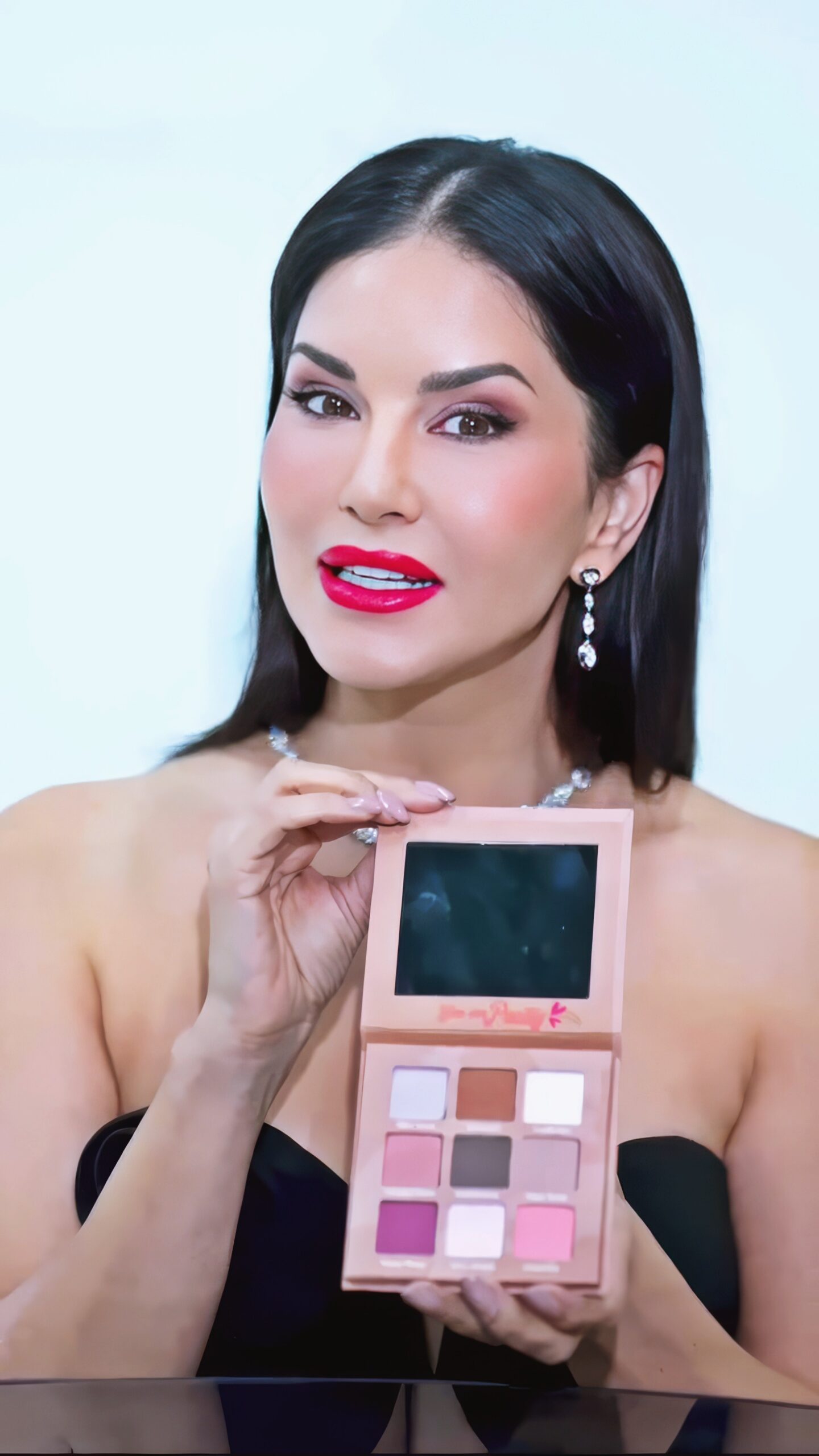 Sunny Leone at 43 Years Old: Retired Pornstar and Bollywood Star (2024) Fashionista Black Night Dress MILF Brunette Busty Red Lips