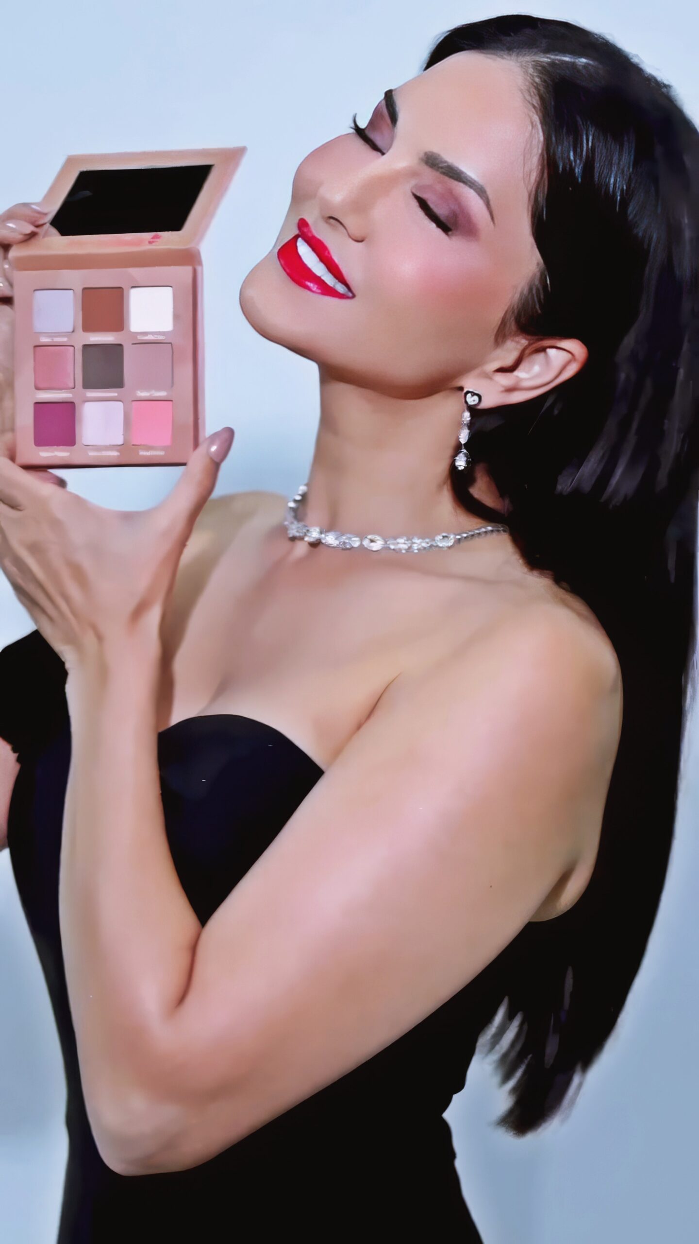 Sunny Leone at 43 Years Old: Retired Pornstar and Bollywood Star (2024) Fashionista Black Night Dress MILF Brunette Busty Red Lips
