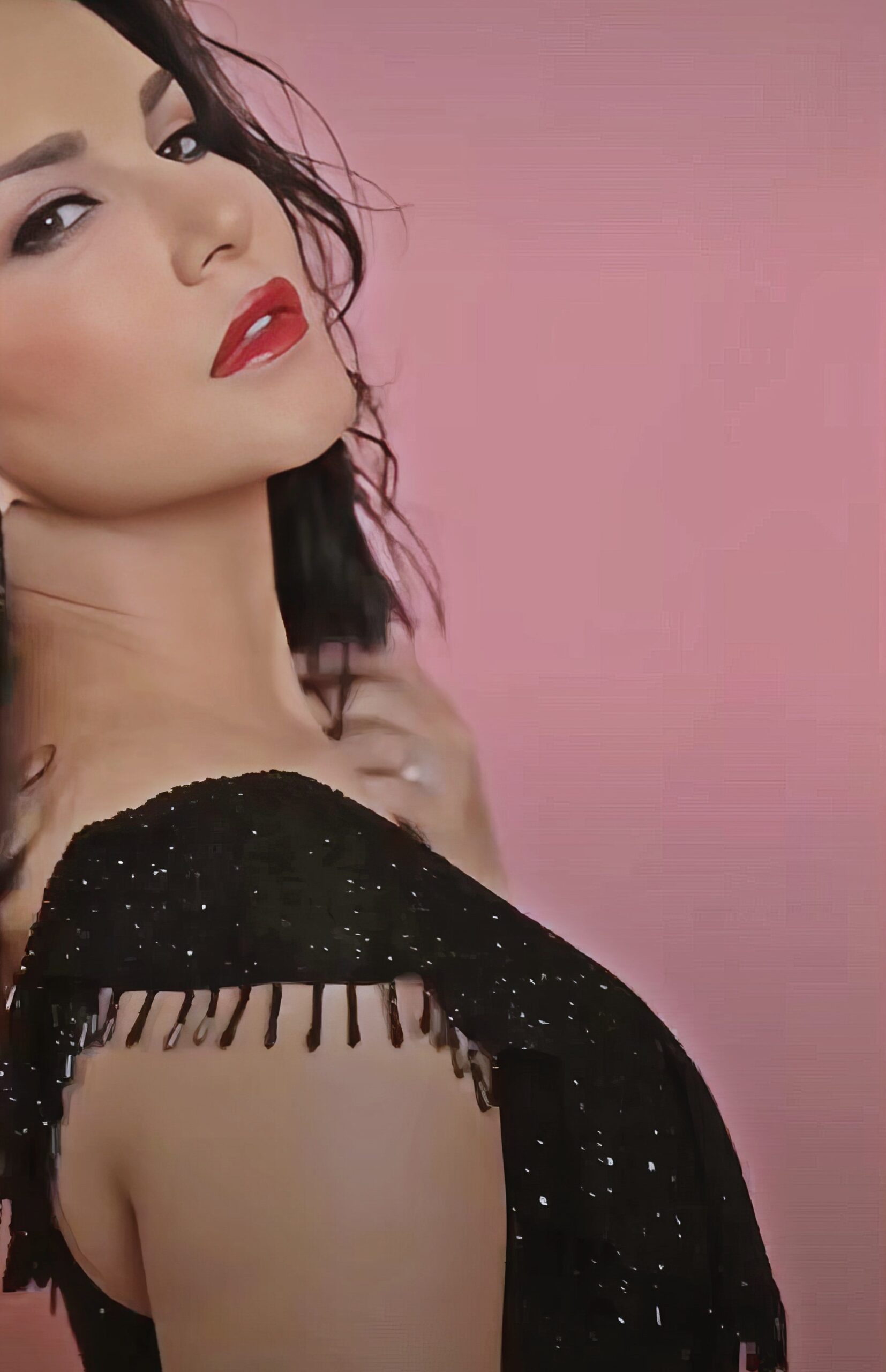 Sunny Leone at 43 Years Old as Erotic Centerfold Model and Bollywood India Star (2024) Red Lips Wet Hair Brunette Black Bright Dress