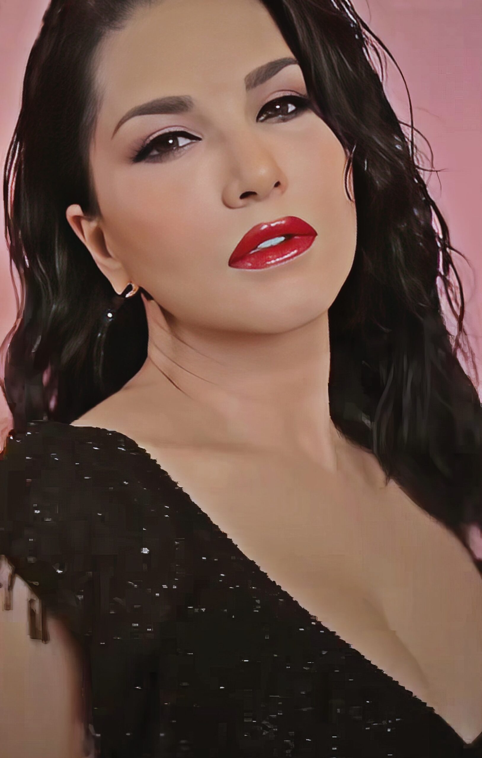 Sunny Leone at 43 Years Old as Erotic Centerfold Model and Bollywood India Star (2024) Red Lips Wet Hair Brunette Black Bright Dress