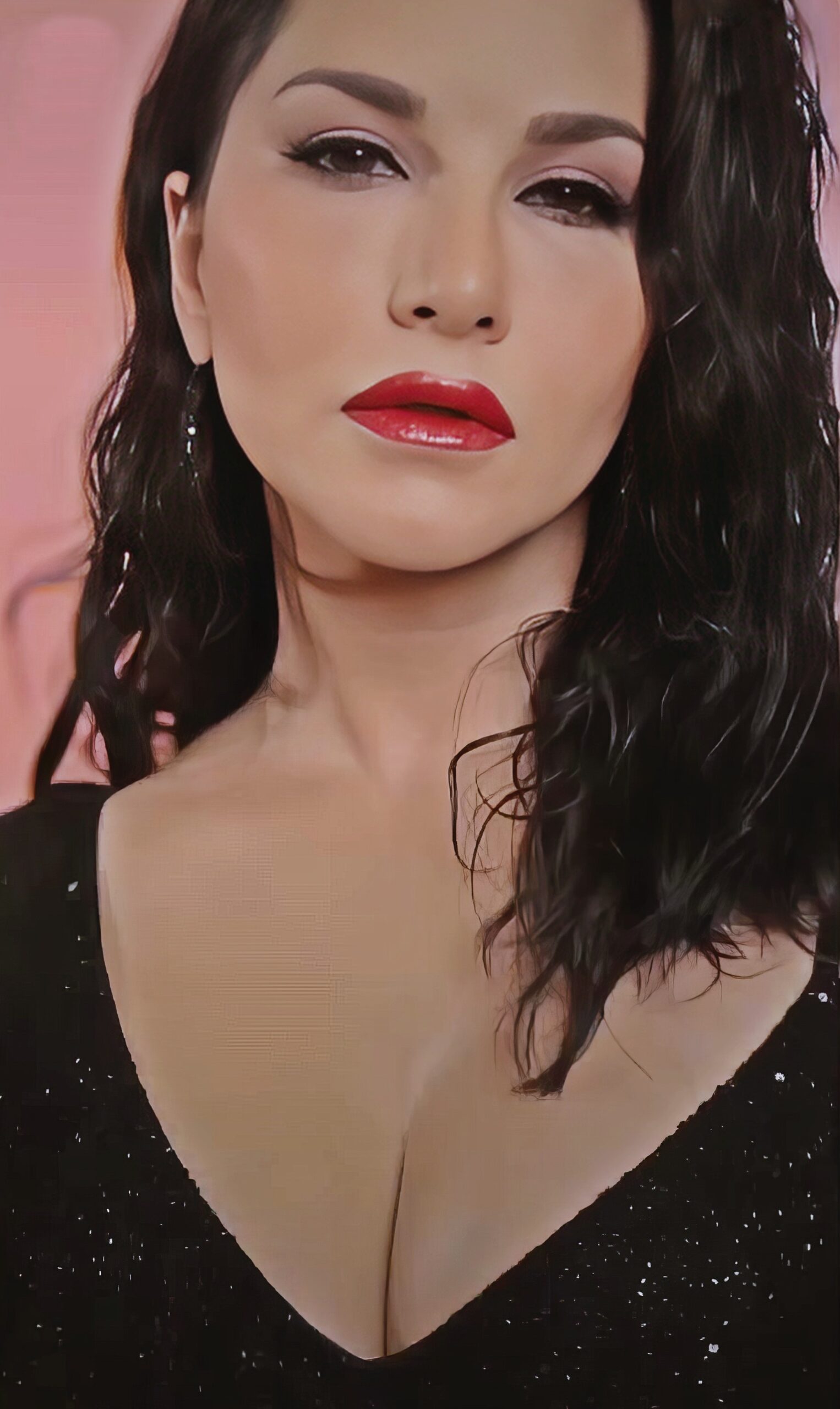 Sunny Leone at 43 Years Old as Erotic Centerfold Model and Bollywood India Star (2024) Red Lips Wet Hair Brunette Black Bright Dress