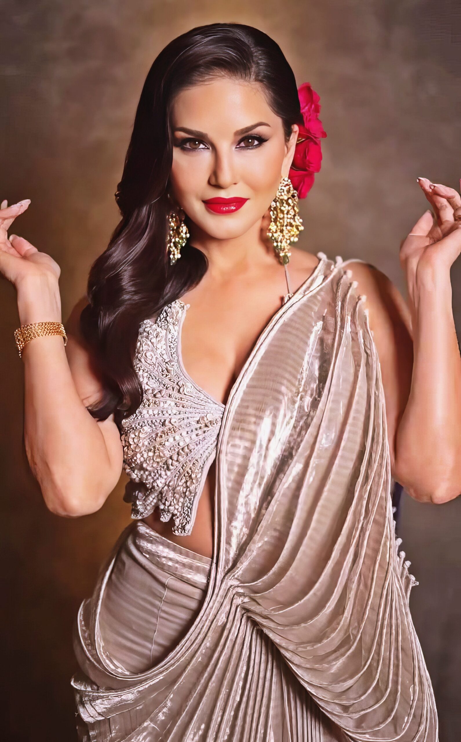 Sunny Leone at 43 Years Old as Erotic Centerfold Model and Bollywood India Star (2024) Luxure Bright Beige Dress Red Lips