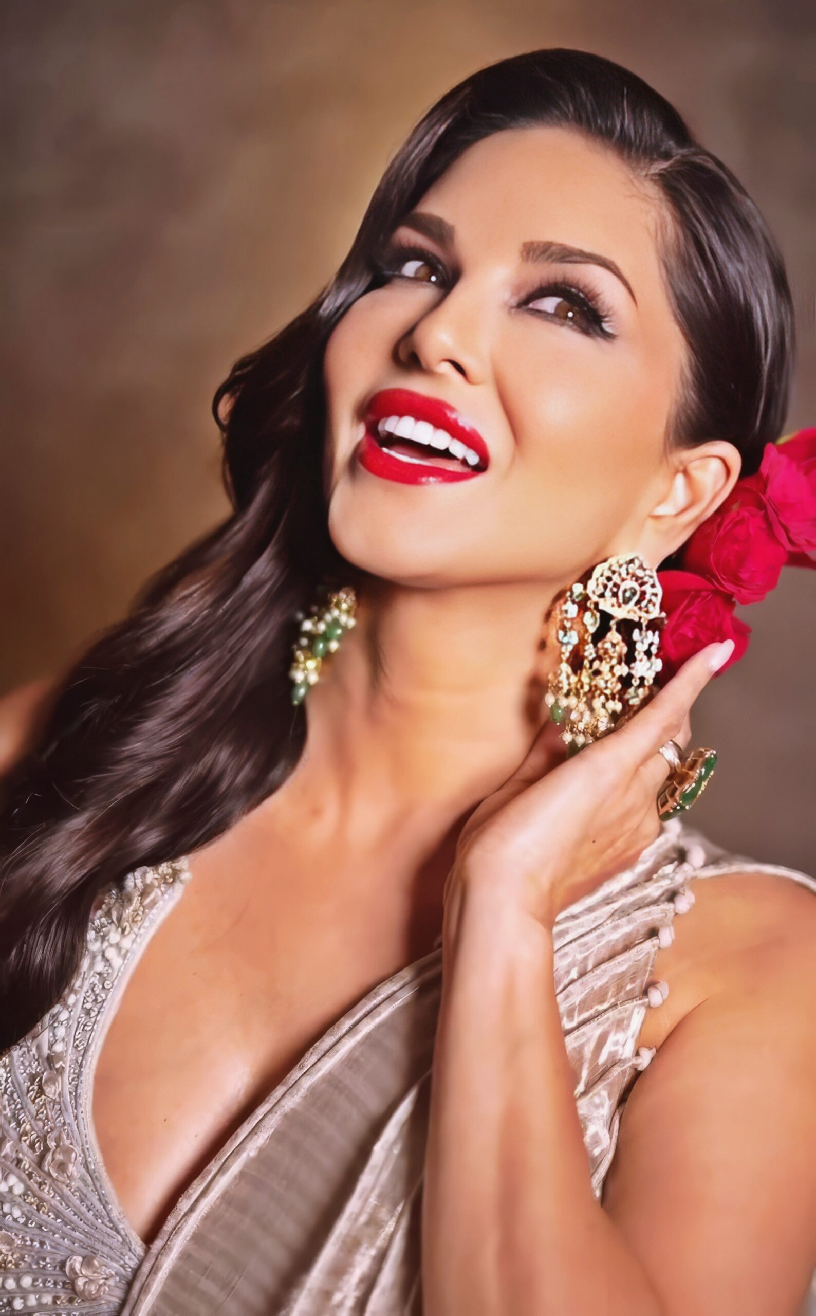Sunny Leone at 43 Years Old as Erotic Centerfold Model and Bollywood India Star (2024) Luxure Bright Beige Dress Red Lips