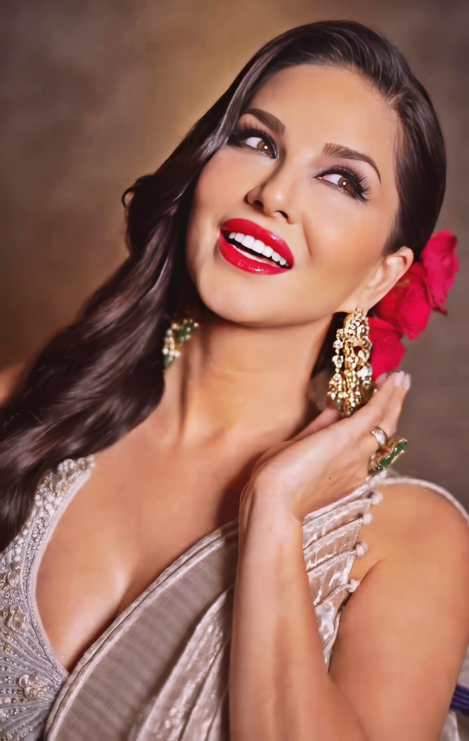 Sunny Leone at 43 Years Old as Erotic Centerfold Model and Bollywood India Star (2024) Luxure Bright Beige Dress Red Lips