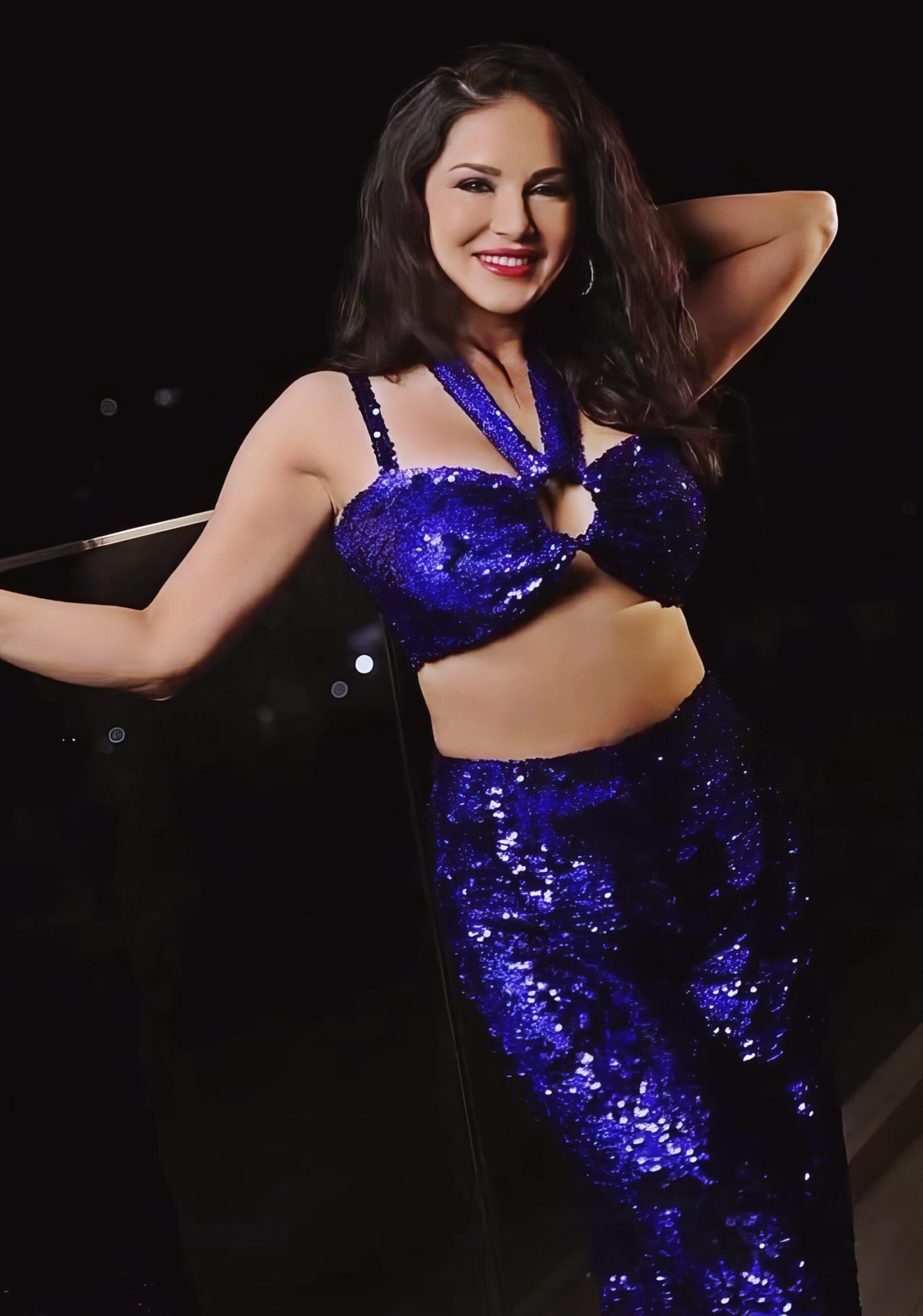 Sunny Leone at 43 Years Old: Hall of Fame Retired Ex Pornstar as Bollywood India Star Centerfold Model (2025) Blue Bright Dress