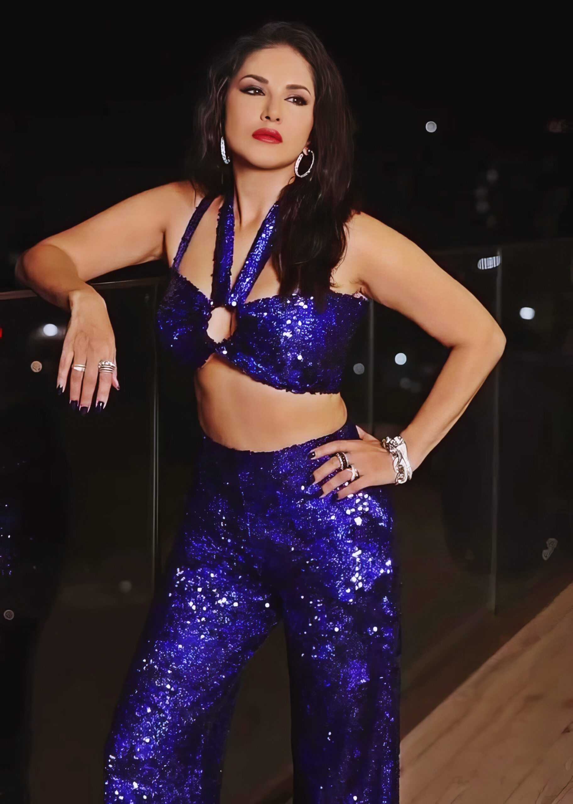Sunny Leone at 43 Years Old: Hall of Fame Retired Ex Pornstar as Bollywood India Star Centerfold Model (2025) Blue Bright Dress